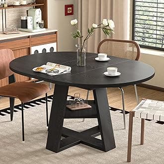 43.3in-59in Extendable Round Dining Table for 4-8,Modern Kitchen Oval Dining Table with Removable Leaves Space Saving,Wood Base with Storage Shelf for Kitchen Living Room (Black)