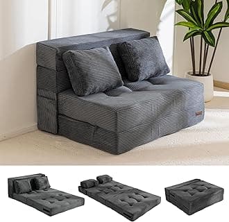 Convertible Sofa Bed, Fold Out Loveseat Sleeper Sofa with Pillow, 4 in 1 Tufted Folding Couch Bed Foam Floor Couch, Lazy Chair for Living Room Bedroom Guest Room, Dark Grey