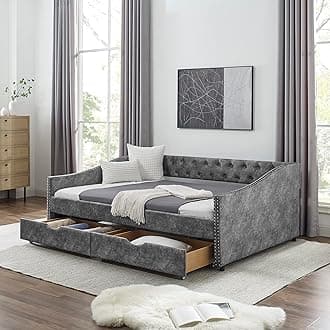 HomSof Full Size Daybed with Drawers Upholstered Tufted Sofa Bed with Button on Back and Copper Nail on Waved Shape Arms, Grey