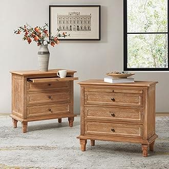 HULALA HOME Farmhouse 3 Drawer Nightstand with Tray, Drawer Organizer with Solid Wood Legs, Nightstand with Charging Station(Set of 2, ACR)