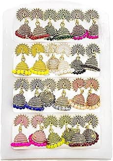 SHK Traditional Wedding Temple Gold Meenakari Ethnic Antique South Indian Round Pearl Moti Feather Peacock Jhumkas Jhumka Earrings Combo set Ear rings For Women girls Ladies jhumki combo set of 12