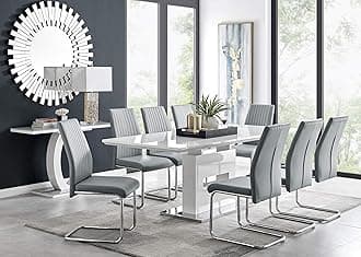 Furniturebox UK Arezzo White High Gloss Extending Dining Table & 8 Grey Faux Leather Lorenzo Chairs – Modern 8 Seater Dining Set – Large Family Dining Room Furniture
