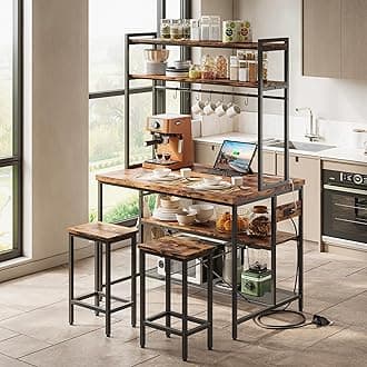 IRONCK Kitchen Island with Stools, Bakers Rack with Storage and Power Outlet, Industrial Coffee Bar Table for Kitchen Dining Living Room, 10 Hooks (Vintage Brown)
