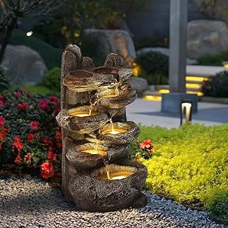 TITIMO 6-Tier Cascading Rock Water Fountain Outdoor Garden Waterfall with Lights,Fountain Indoor Decor for Garden, Patio, Backyard, Deck, Porch and Home Art Decor