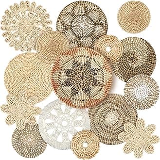 Xuhal 15 Pcs Boho Wall Basket Decor Handcrafted Seagrass Woven Wall Basket Rustic Round Woven Hanging Art for Home Farmhouse Kitchen Table Living Room(Classic Style)