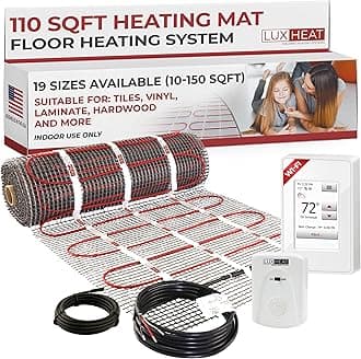 LuxHeat 110sqft Floor Heating Mat Kit - 120v Heated Floor System - Electric Radiant Heated Flooring System for Tile & Laminate - Includes UWG4 WiFi Programmable Thermostat w/GFCI, Alarm & Sensor