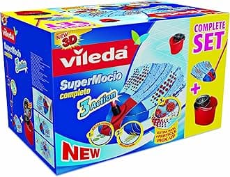 Vileda Supermocio 3 Action Mop Set Contains Mop and Bucket and Wringer, Red