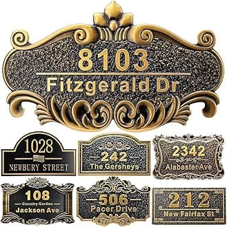 Personalized House Address Plaque 12" Cast Numbers for Outside Custom Street Name Address Sign Plate Vintage for Mailbox Door Room Classic Wall Outdoor Antique Brass