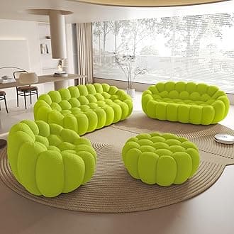 Modular Sectional Sofa,Bubble Couch Set,1 Seater+ LoveSofa+ 3 Seater+Ottoman,Modern Upholstered Bean Bag Sofa Couch Mesh Fabric Lazy Floor Chair Living Roon Sets (Lemon Green, 98.43"+79"+48"+42")