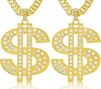 2 Pieces Gold Digger Costume Rotatable Hip Hop Rapper Chain Money Chain Necklace for Men with Dollar Sign Pendant Necklace, Big Fake Gold Necklace