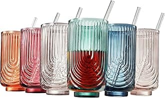 Vintage Art Deco Colorful Highball Glasses & Glass Straws - Ribbed Cocktail, 6 Set, with Straw - Gift-Ready Highballs Gatsby Texture - Unique Colored Glassware Home Bar & Kitchen Gift Set - Ripple