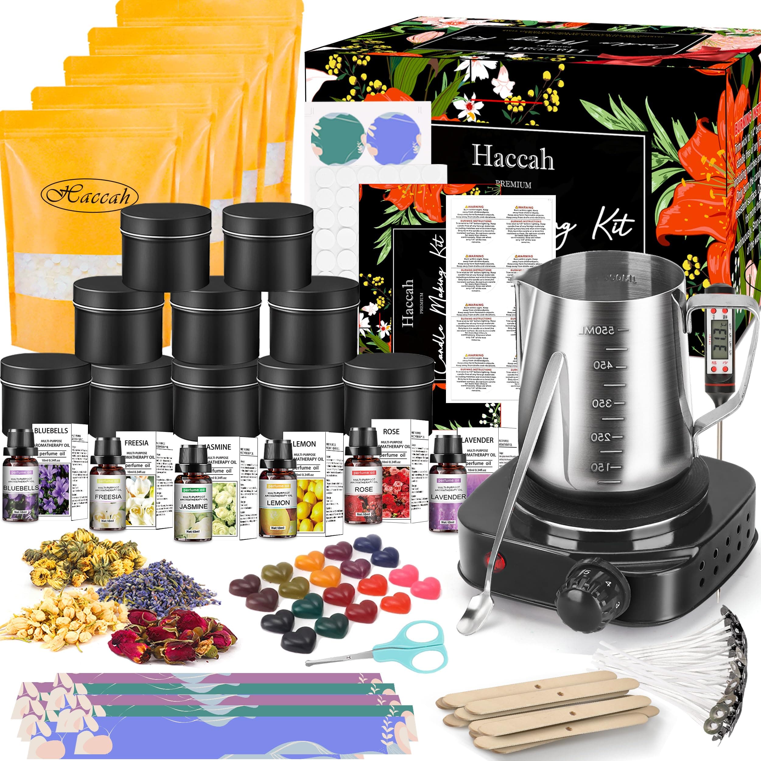 Complete Candle Making Kit with Wax Melter,Candle Making Supplies,DIY Arts&Crafts Kits Gift for Beginners,Adults,Including 500w Electronic Stove,Wicks,Wax,Rich Scents,Dyes,Melting Pot,Candle tins