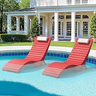 Pool Lounge Chairs Set of 4 - Anti-Floating HDPS Design for Pools & Backyard Sun Decks, Weighted Pool Chairs and Lounges for Poolside or Outside, Includes Headrest, Bright Red
