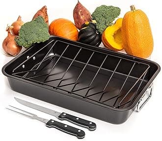 Moss & Stone Carbon Steel Roaster Pan With “V” Shape Removable Roasting Rack Set, 16.5 Inch Rectangular Nonstick Roasting Pan, Turkey Roaster Pan Rack With Carving Fork & Chef Knife