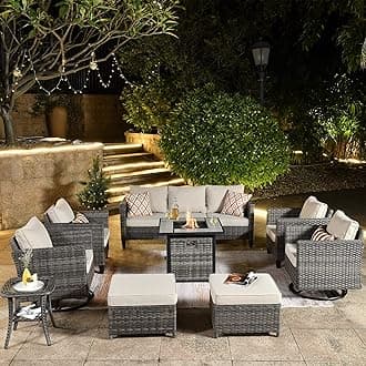ovios 9 Pieces Patio Furniture Set with Square Fire Pit Table, Outdoor Swivel Rocking Chairs, High Back Wicker Rattan Conversation Set for Deck Porch, Beige