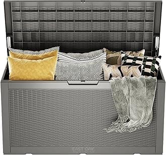EAST OAKOutdoor Storage Box, 100 Gallon Deck Box, Waterproof Resin Storage Bench for Patio Cushions, Gardening Tools, Pool Accessories, Lockable, UV Resistant, Grey