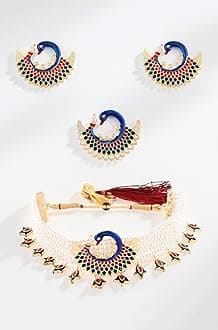 Multicolor Meenakari Peacock Inspired Multistrand Pearls Choker Necklace Earring & Ring Set For Women-ZPFK14436