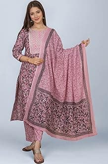 MEERA FAB Women's Cotton Printed Printed Straight Embroidery Kurta with Palazzo & Dupatta Set