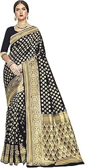 Women's Kanchipuram Art Silk Saree With Blouse Piece, Black, One Size