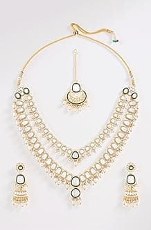 ZAVERI PEARLS Green Meenakari Kundan Pearls Layered Bridal Necklace Earring & Maangtikka Set For Women-ZPFK17357