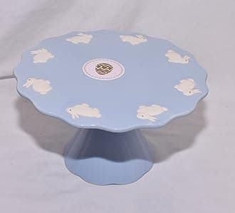 New 10" Baby Blue with White Bunny Rabbits Decorative Ceramic Scallop Edge Footed Plate Round Dessert Pedestal Display Cupcake Cake Stand for Cakes Tarts Candies Cookies Or Muffins