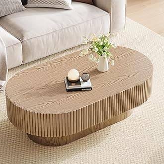 43.7” Oval Coffee Table, Modern Wood Fluted Coffee Table for Living Room, Veneer Handcrafted Relief Center Table with Sturdy Pedestal，Easy Assembly - Natural