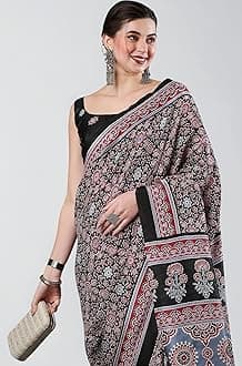 AKHILAM Women's Ajrak Block Print Dola Silk Saree With Unstitched Blouse Piece