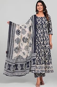 MEERA FAB Women's Cotton Printed Anarkali Kurta with Palazzo & Dupatta Set with Dori