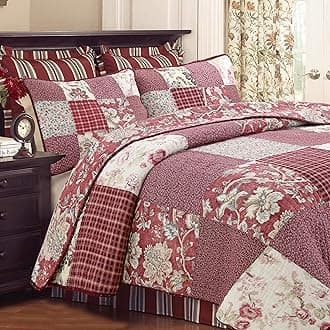 Cozy Line Home Fashions 100% Cotton Hand Piecing Real Patchwork Vintage Burgundy Rose Cottage Reversible Quilt Set, Coverlet Bedspread (Red Floral, King - 3 Piece)