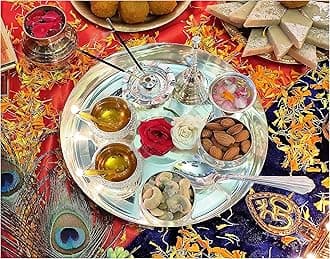 BENGALEN Silver Plated Pooja Thali Set 8 Inch with Accessories
