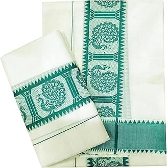 Women's Kerala Traditional Cotton Set Mundu with Self Jacquard Work 2.80&2.00 Mtr (Sumathi Green Peacock)