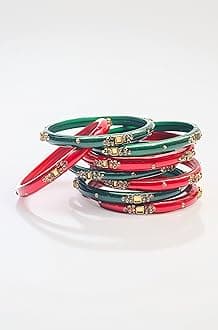 Swara Creations Traditional Glass Kada Bangles Set for women & girls Glossy Bangles Gemstone stone work Red Green Yellow Pink multicolor glass Kade