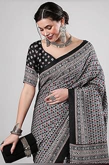 AKHILAM Women's Ajrak Block Print Dola Silk Saree With Unstitched Blouse Piece