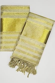 Women's Kerala Traditional Flora Tissue Kasavu Set Mundu With Tassels 2.00x2.80 Meters