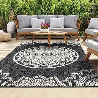 homeartOutdoor Rug - Easy-Clean, Durable, Stain-Resistant, Weather & UV Resistant Indoor & Outdoor Rugs for Porch, Deck, Balcony, Garden, Picnic and Patio | Mandala Black, Cream - 80x150cm
