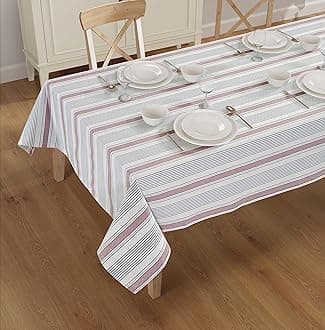 Casa De Lan Dobby Stripe Tablecloth. 100% Cotton Ring Spun Mitered Stitched Cotton Tablecloth in Size (60x120 inches). Rectangle/Oblong. Color : Navy- Dark Pink