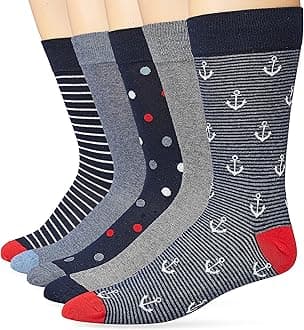 Amazon Essentials Men's Comfortable Patterned Cotton Crew Dress Socks, 5 Pairs