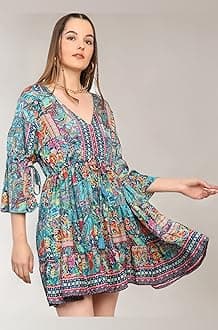 KE KANHA EXPORTS Dress for Woman Western Short|Beach Wear Dress for Women|Boho Border Print Flared|Multicolor|Adjustable Drawstring Tassel|Soft Silky Premium Feel|S-M-L