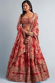 Women's Organza Floral White Semi-Stitched Lehenga Choli (7611-Wedding-Floral-Lehenga-Latest, White)