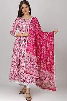 MEERA FAB Women's Cotton Printed Anarkali Kurta with Palazzo & Dupatta Set