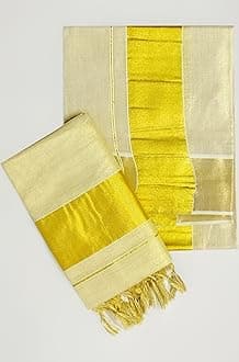 Women's Kerala Traditional Flora Tissue Kasavu Set Mundu With Tassels 2.00x2.80 Meters