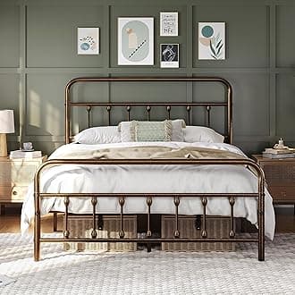 Yaheetech 4ft6 Double Bed Frame Vintage Iron Platform Bed with High Headboard and Footboard, Strong Metal-Framed Bed with Storage Bronze