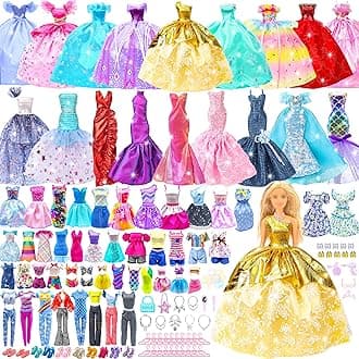 Doll Clothes and Accessories Set, Wedding Gowns, Evening Dresses, Fashion Dresses, Casual Outfits Top and Pant, Swimsuit Bikini, Hangers, Shoes and Accessories Toys for Girl Birthday Gift
