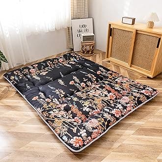 MAXYOYO Japanese Floor Futon Mattress, Thicken Tatami Mat Sleeping Pad Foldable Roll Up Mattress Dormitory Mattress Pad Floor Lounger Pillow Bed (Black Floral, Double)