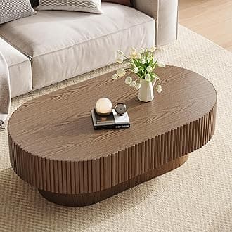 43.7” Oval Coffee Table, Modern Wood Fluted Coffee Table for Living Room, Veneer Handcrafted Relief Center Table with Sturdy Pedestal，Easy Assembly - Walnut