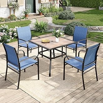 5 Pieces Patio Table and Chairs Set, 4 Person Outdoor Dining Furniture Set, 4 Blue Textilene Chairs and 37" Wood-Like Table Top Table with Umbrella Hole, for Deck Backyard Lawn