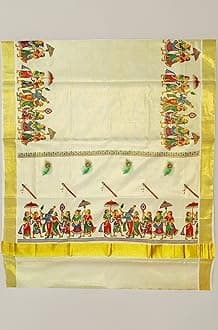 Women's Mural Printed Kerala Gold Tissue Saree with Running Blouse Piece | Traditional South Indian Ethnic Saree for Festivals, Weddings & Special Occasions