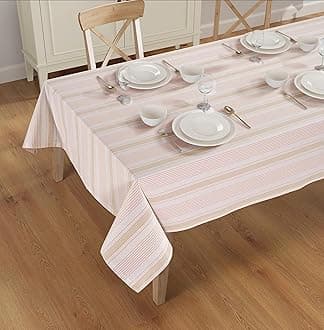 Pink-Taupe 100% Ring Spun Cotton Dobby Stripe Tablecloth Mitered Stitched | for Kitchen Dining | Decoration | Parties | Weddings | (Rectangle, 60"X120")