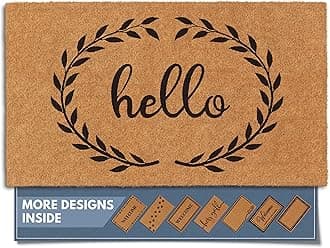 Natural Coco Coir Heavy Duty Backing Doormat - Large Cute Non-Slip Front Door Welcome Mat for Outside Entrance or Porch Entry, Brown (17x30, Hello Wreath)