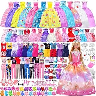 135 Pcs Doll Clothes Outfit for Babys,Doll Accessories Mini Dress Party Dress Bikini Set Tops Pants Shoes Hangers Hat Random Stlye for 11.5 Inch Girl Doll,Doll Dress up Toys for 3+ Little Girls Kids
